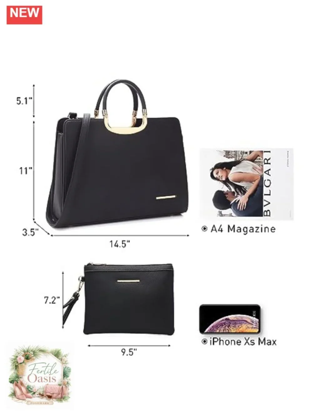 Vegan PU Leather Satchel Purse with Matching Wallet, Work Bag Tote